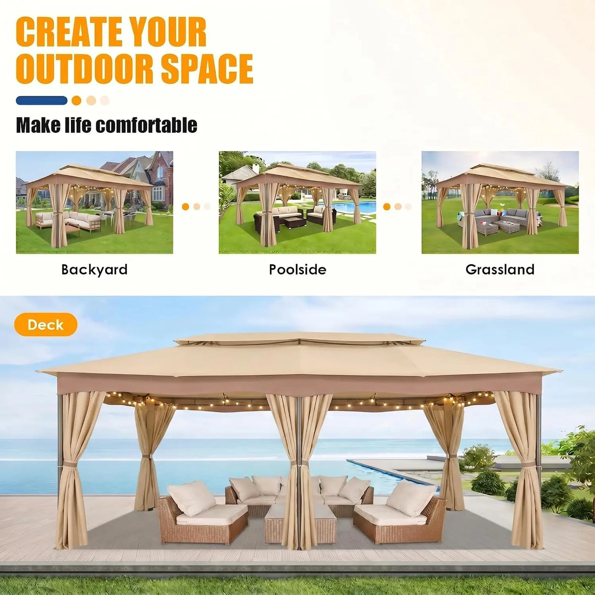 12x20 FT Outdoor Gazebo with Curtains, Heavy Duty Soft Top Canopy, Vented Double Roof, Powder-Coated Steel Metal Frame, Large Patio Backyard Deck Garden Pavilion Tent Shade, UV-Resistant Weather-Resistant Gazebo