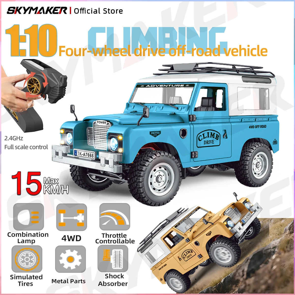 1:10 Scale RC Truck 15km/h 2.4G with LED Light 4WD Off-Road Climbing Car Model Toy for Boys Gift