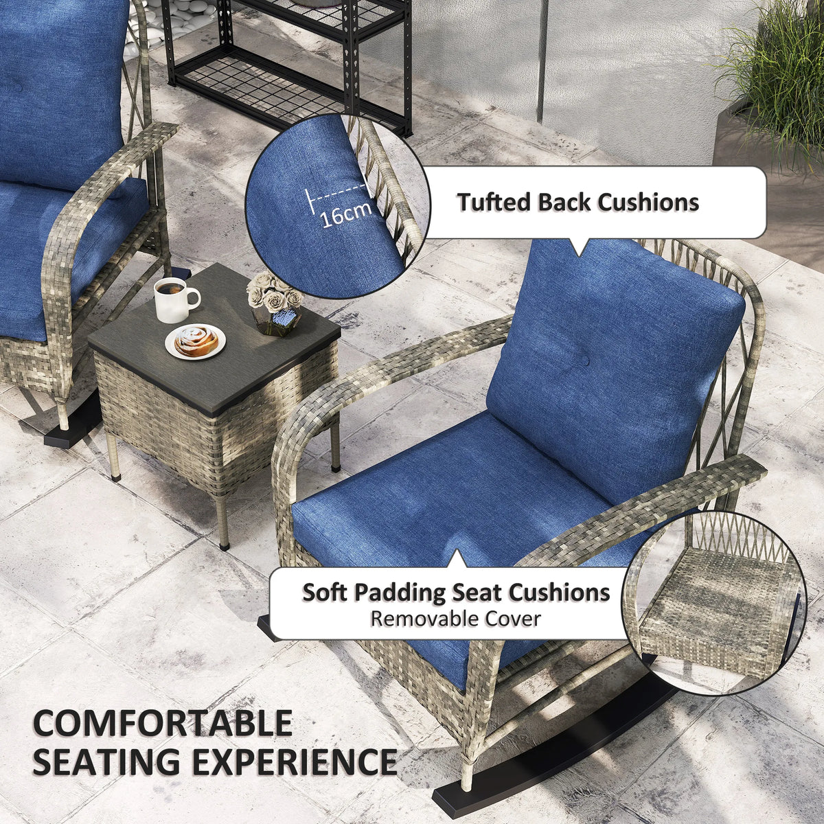 Patio Furniture Set, Rocking Chairs W/ Coffee Table, Cushion, Gray