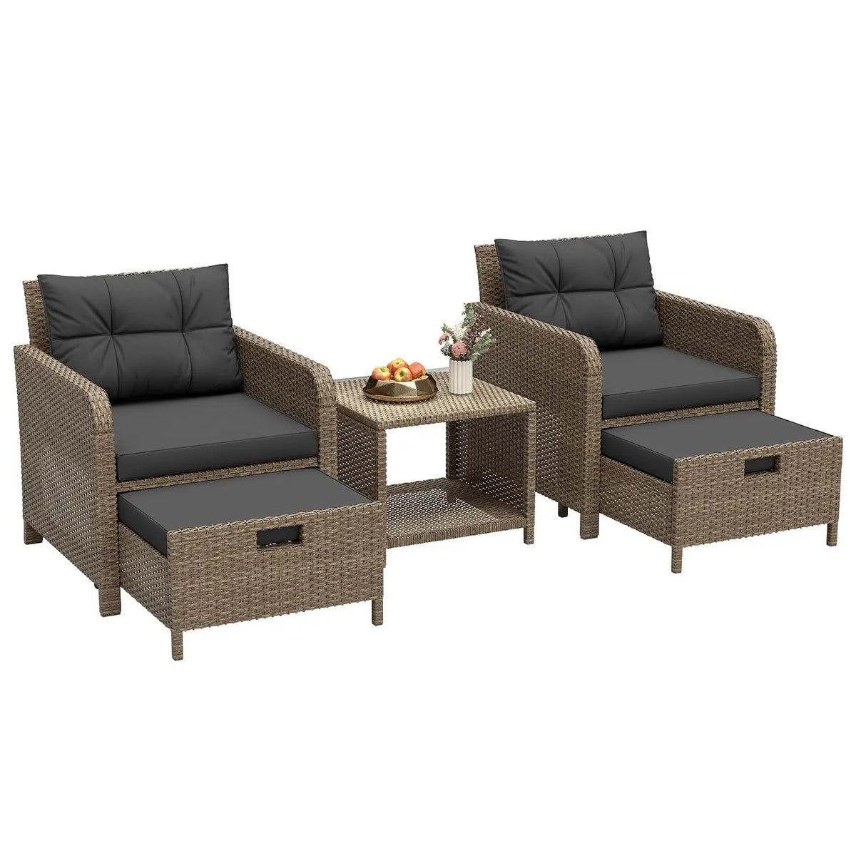 5 Piece Patio Furniture Set, PE Wicker Outdoor Furniture Set with Soft Cushions & Coffee Table, Outdoor Lounge Chairs, Custom