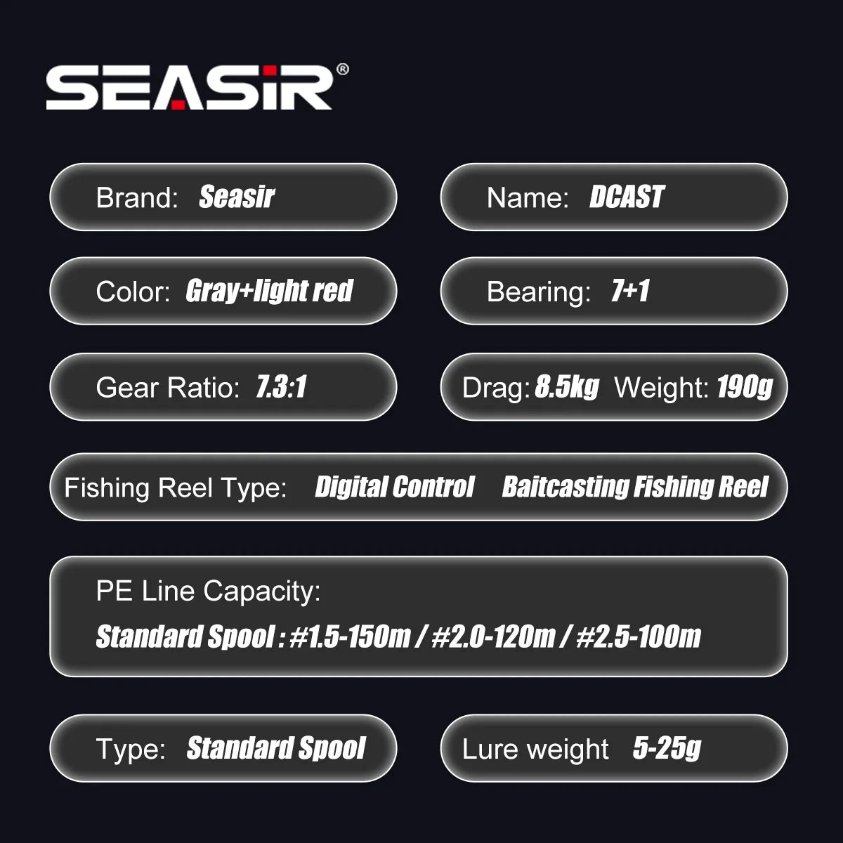 SEASIR DCAST DC Baitcasting Fishing Reel Digital Control Long Cast Carbon Washers Brass Gears 7.3:1 7+1BB Max Drag 8.5kg