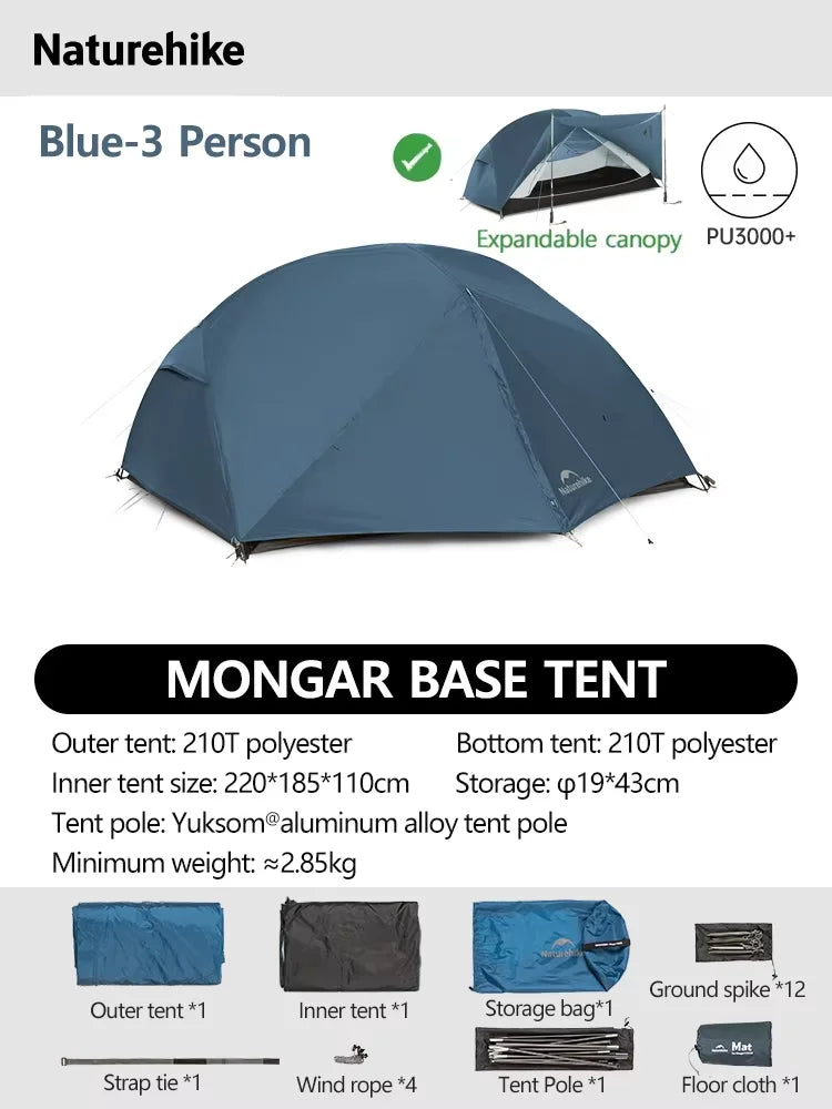 Naturehike Mongar 2 UL/PRO/Base Tent Camping 1-3 Person Tent Outdoor Travel 15D Waterproof Ultralight Backpacking Shelter Tent