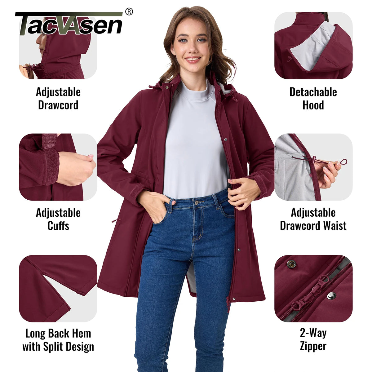 TACVASEN Womens Warm Fleece Lined Softshell Jackets Winter Long Jackets Windproof Hooded Rain Coat Outdoor Windbreaker Parka
