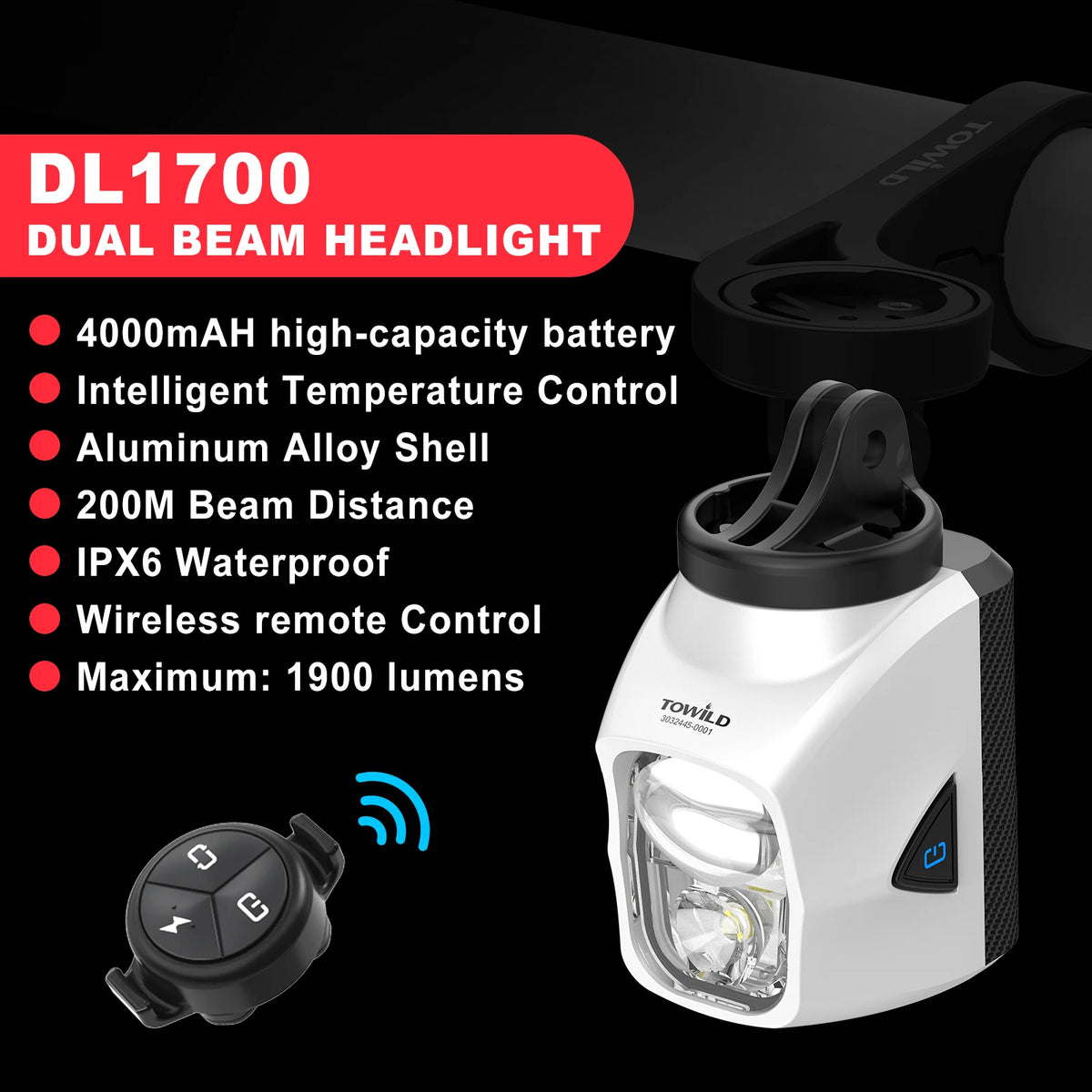 TOWILD DL1200S/DL1700 Bicycle Light With Cut-Off Line Beam1900LM Rechargeable Bike Front Light Power Bank Mtb Cycling Headlights