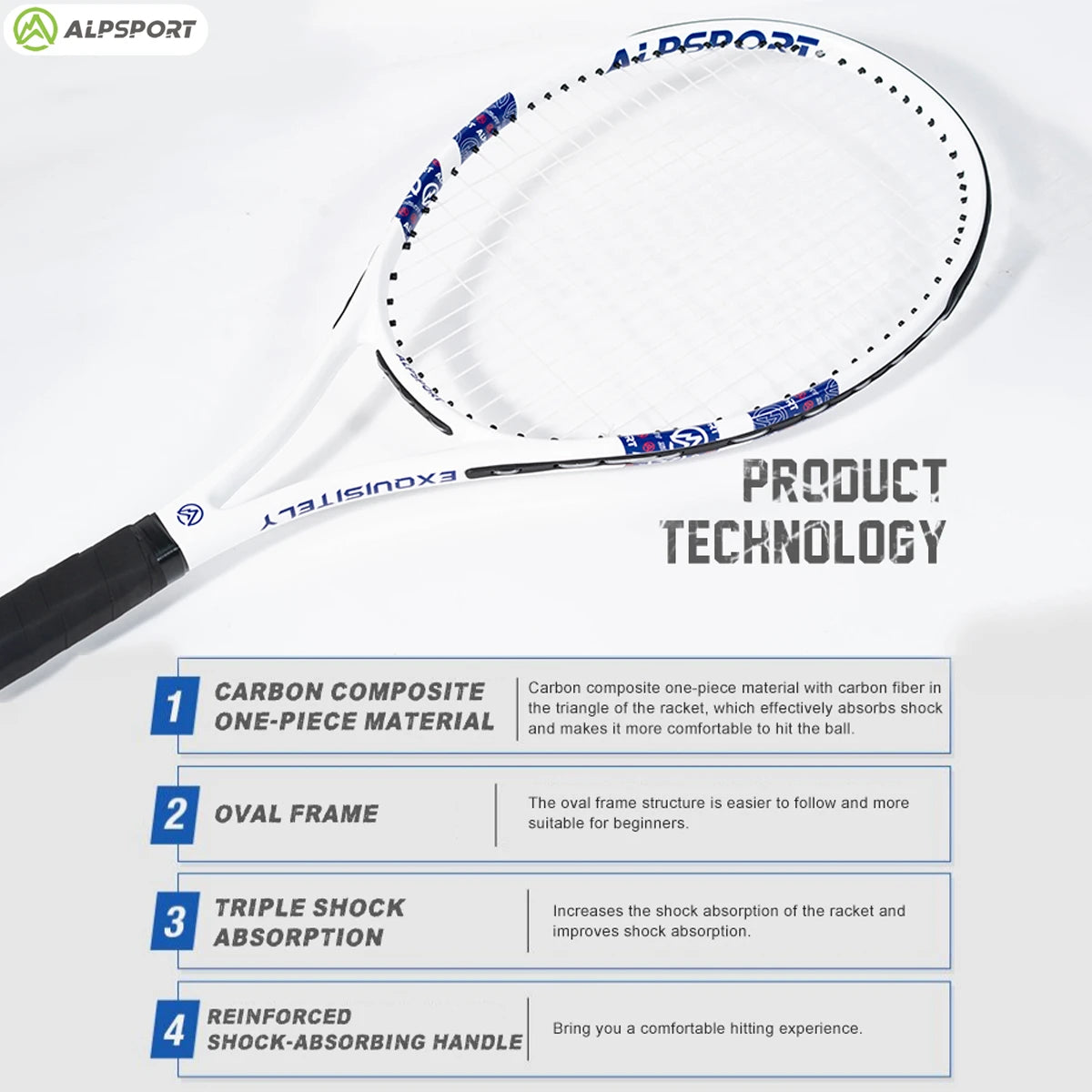 ALPSPORT Carbon Fiber Tennis Racket T800 18K-Professional Grade with Bag&Strap Lightweight Training Racquet for Adults Men&Women