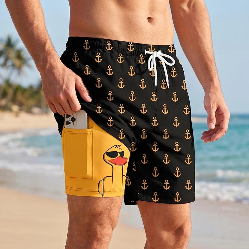 3D Print 2 in 1 Mens Swim Trunks Summer Quick Dry Beach Shorts with Phone Pocket Swimwear Swimsuit Bathing Suit  Board Shorts