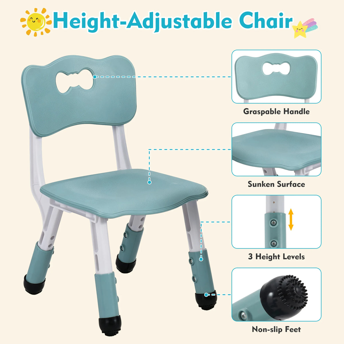 Kids 4 in 1 Table And 2 Chairs Set with Storage Toddler Desk And Chair Combo for Ages 3-10 Graffiti & Building Blocks Double-Sided Grayish Blue