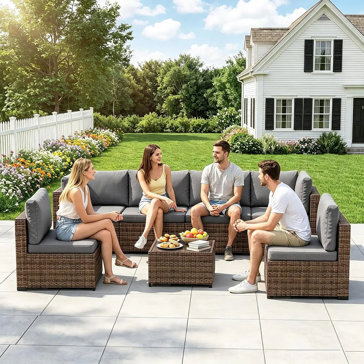 7 Pieces Outdoor Furniture Set, Wicker Furniture Patio Conversation Sets with Tea Table and Thickened Beige, Customized