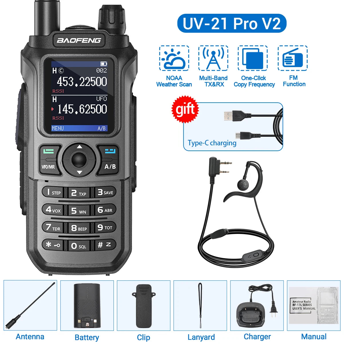Baofeng UV-21 Pro Wireless Copy Frequency VHF UHF Powerful Waterproof V2 Long Range UV-32 Long Range Type-C Two Way Ham Radio