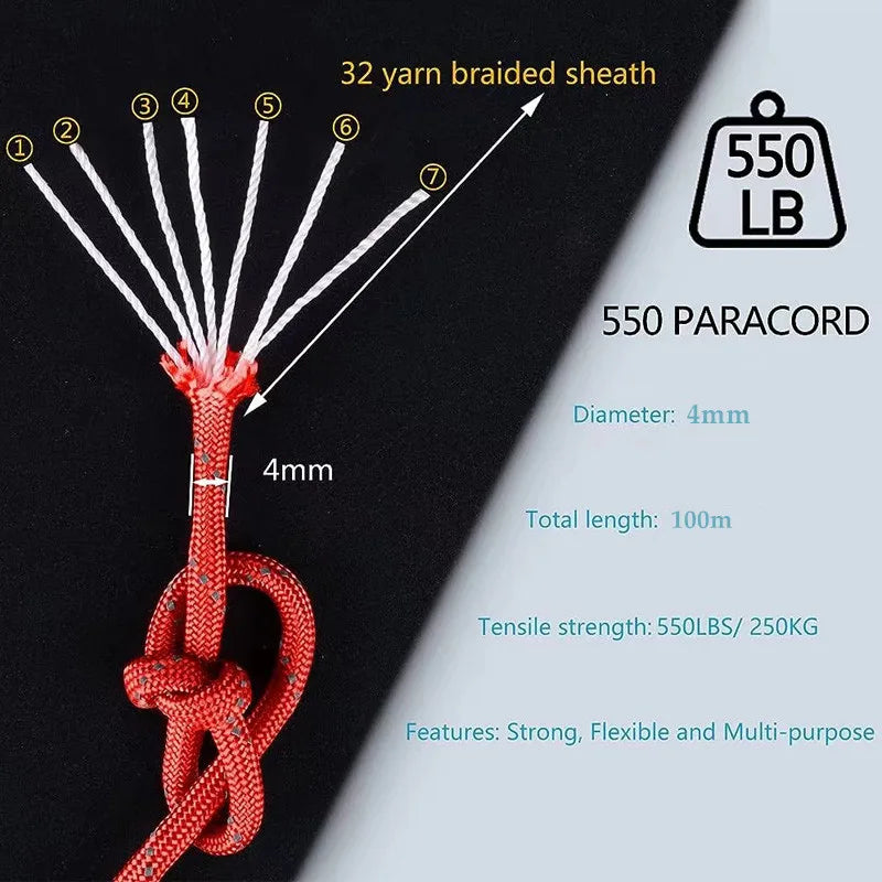 Reflective Paracord Rope Military 7 Strand 4mm 550 Tactical Parachute Cord Camping Tent Lanyard DIY Bracelet Outdoor Survival Ke