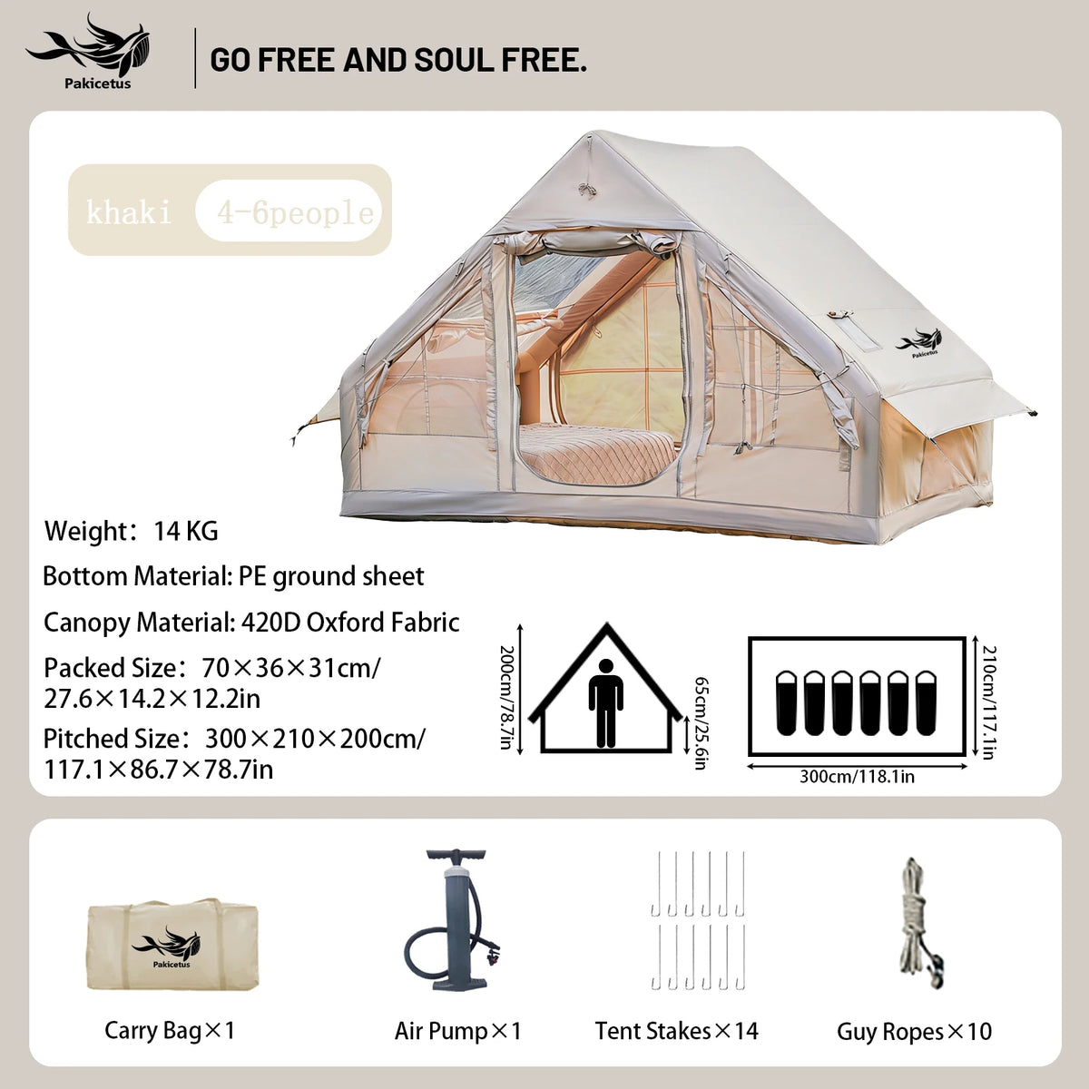 PAKICETUS Inflatable Camping Tent for 4-8 People, Breathable Mesh Windows Luxury Air Cabin Tent, UV Protection Quick Setup Outdoor Shelter for Hiking, Picnic, Backyard & Road Travel