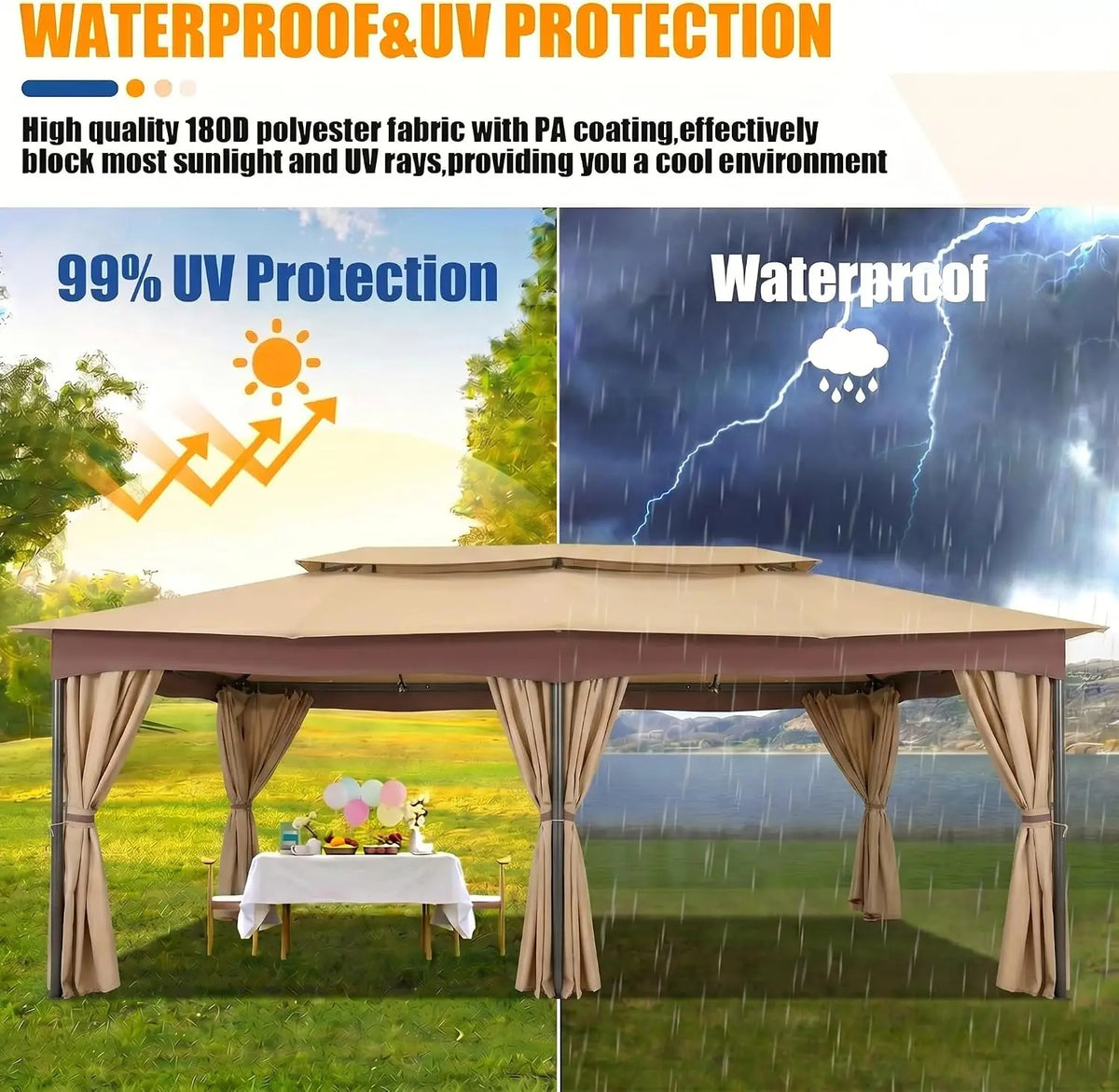 12x20 FT Outdoor Gazebo with Curtains, Heavy Duty Soft Top Canopy, Vented Double Roof, Powder-Coated Steel Metal Frame, Large Patio Backyard Deck Garden Pavilion Tent Shade, UV-Resistant Weather-Resistant Gazebo
