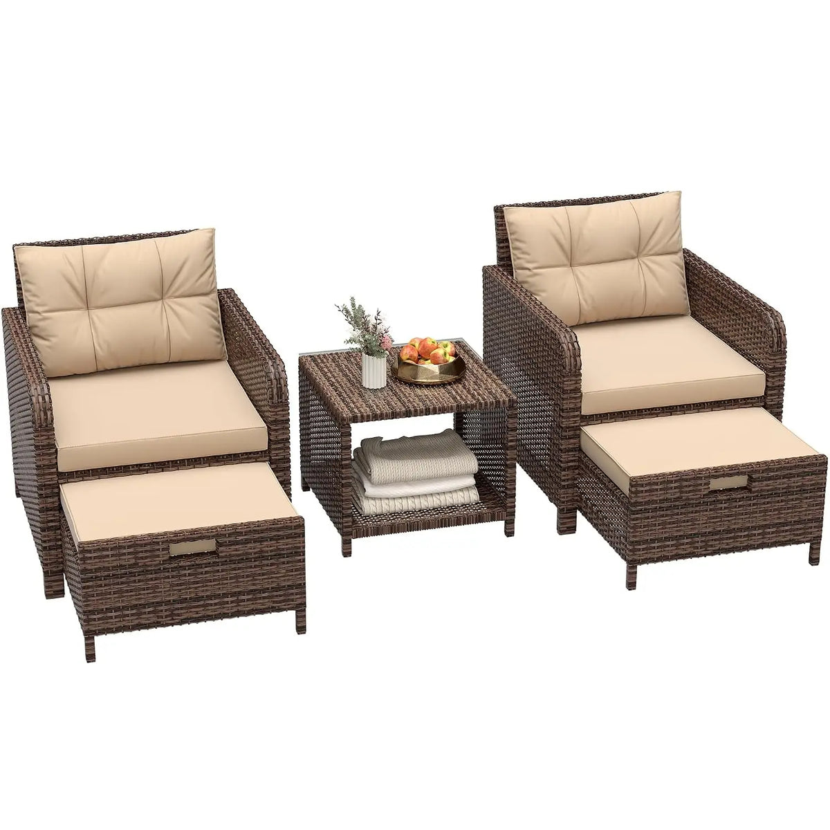5 Piece Patio Furniture Set, PE Wicker Outdoor Furniture Set with Soft Cushions & Coffee Table, Outdoor Lounge Chairs, Custom