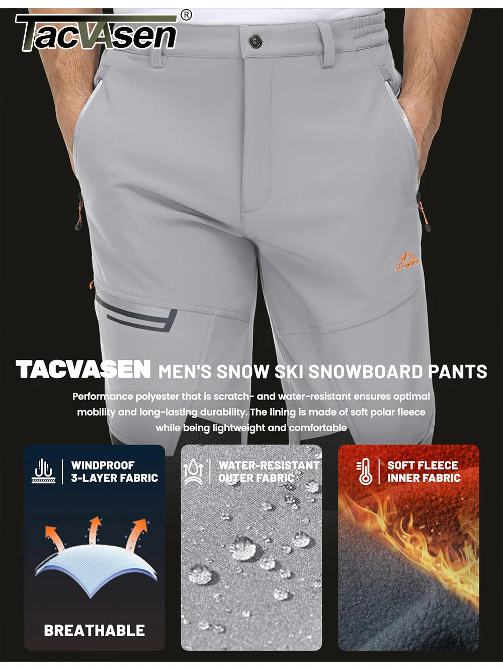 TACVASEN Winter Thicken Fleece Hiking Pants Men Warm Thermal Pants Windproof Outdoor Fishing Camping Mountain Ski Pants Trousers