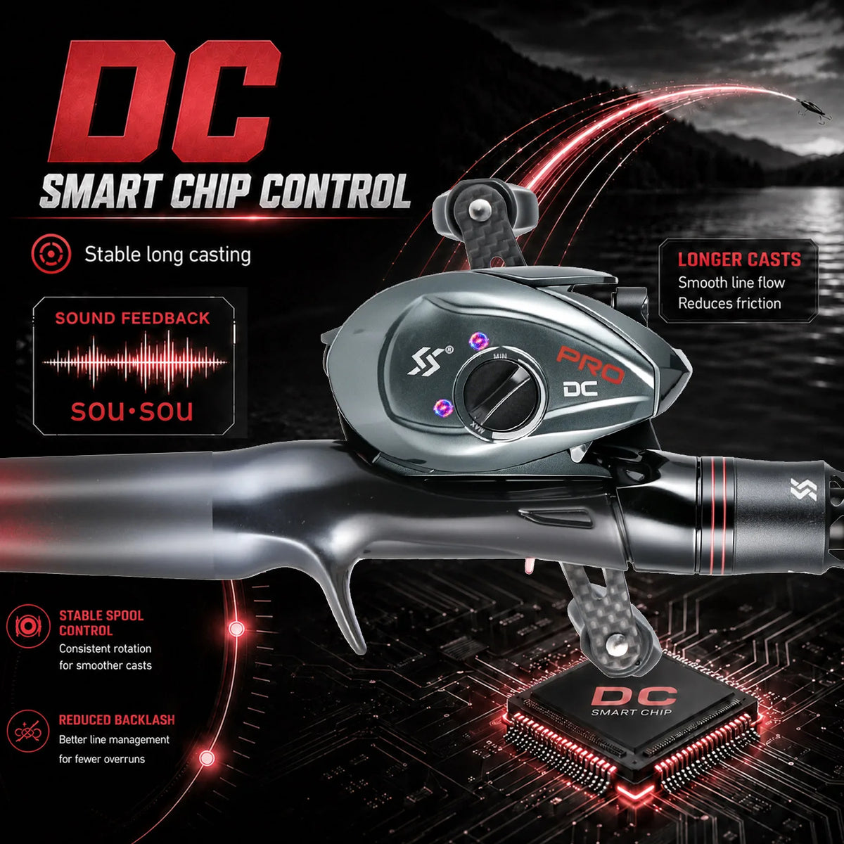 Sougayilang DC Baitcasting Combo 7.2:1 Gear Ratio Carbon Fiber Casting Fishing Rod and Reel Set Freshwater Saltwater Fishing Kit