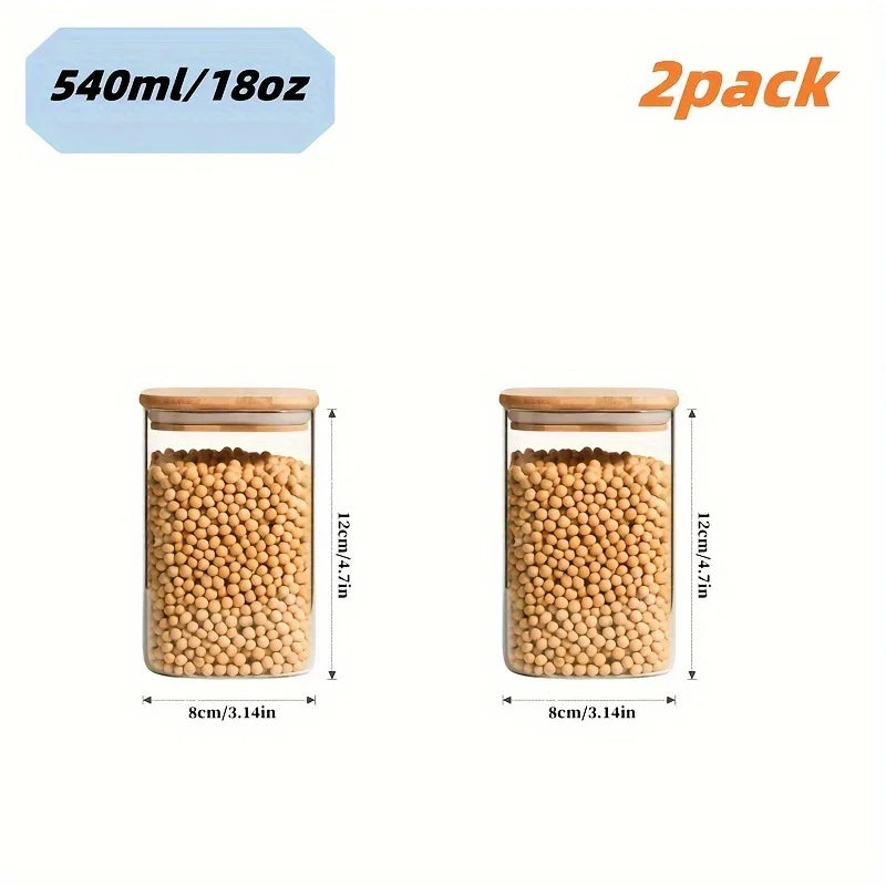 2/4 Pieces, 540Ml/1000Ml Glass Food Storage Jars with Bamboo Lids, Transparent Square Sealed Kitchen Storage Container Set, Stackable Glass Food Storage Jars, Suitable for Kitchen Countertops, Candy, Cookies, Rice, Grains