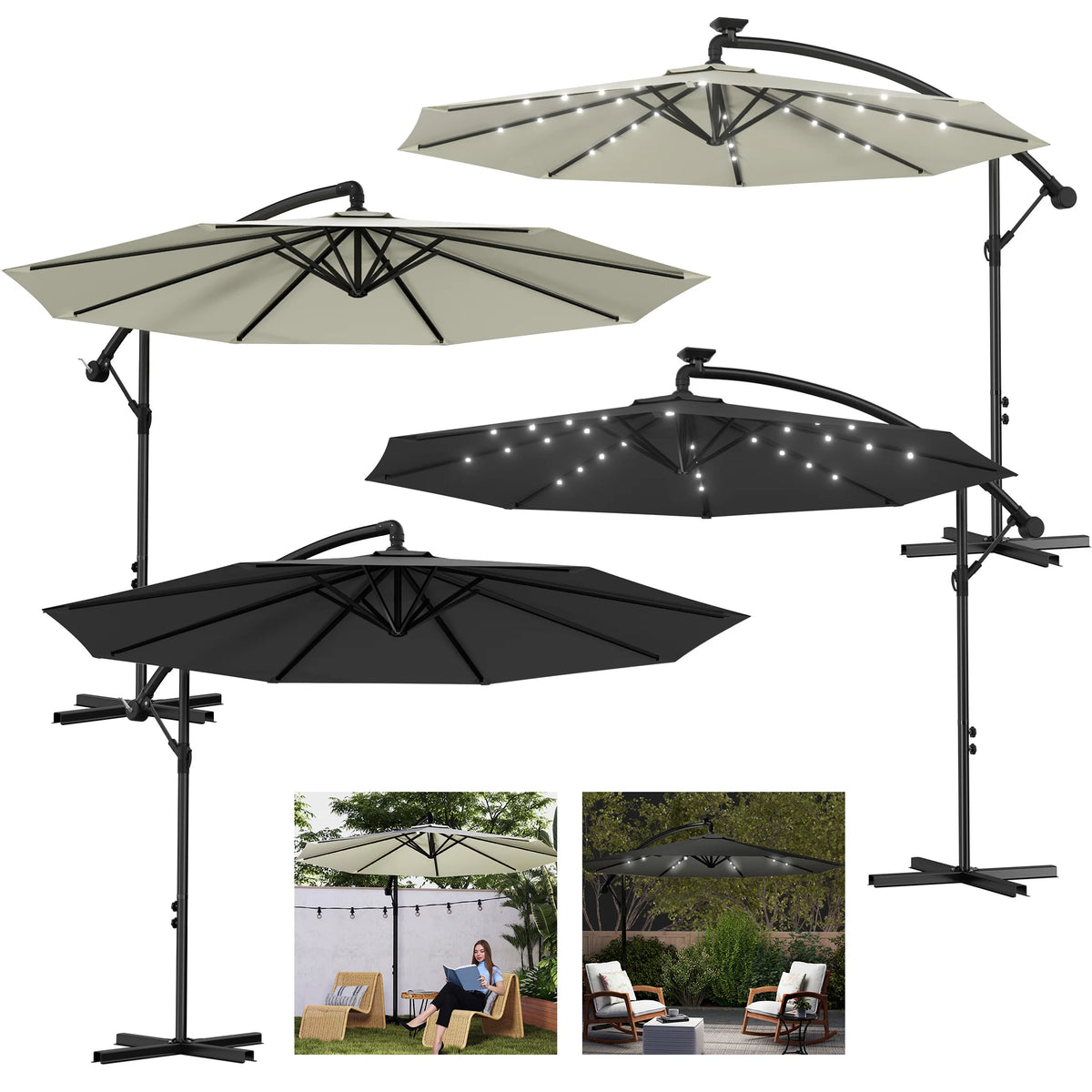 Ø300cm/Ø350cm Cantilever Parasol with Crank, Garden Parasol with Stable Cross Base, Outdoor Patio Umbrella UV-resistant & Sun Protection, Crank Parasol for Terrace Garden Pool