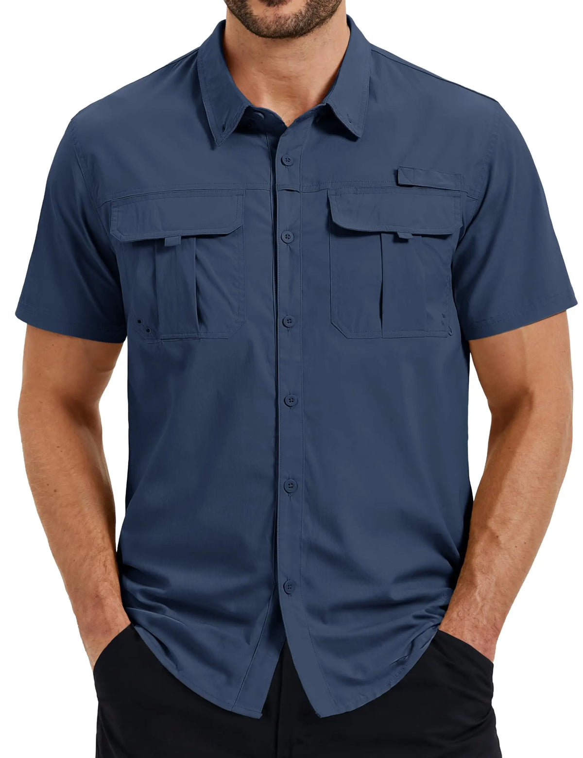 TACVASEN Men's UPF 50 Fishing Shirt Quick Dry Breathable Short Sleeve Tactical Shirt Button Down Sun Shirt for Work with Pockets