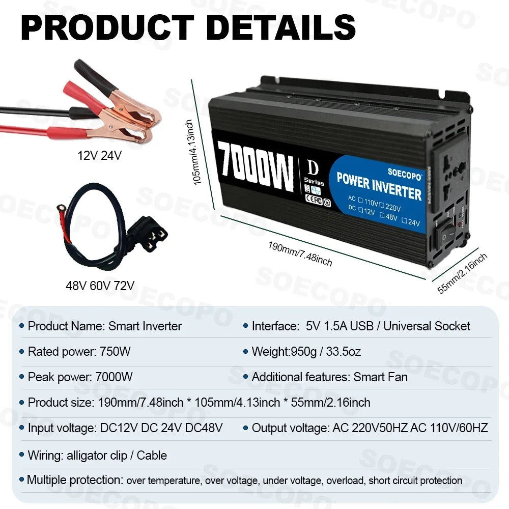 SOECOPO 7000W Power Inverter, 12V 24V 48V to 110V/220V Car Voltage Converter, Power Adapter for Car Accessories & Camping