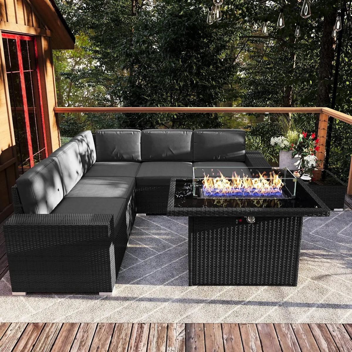 7 Pieces Patio Furniture Set with 44" Propane Gas Fire Pit Table, Outdoor Sectional Wicker Conversation Sofa Sets, Customized