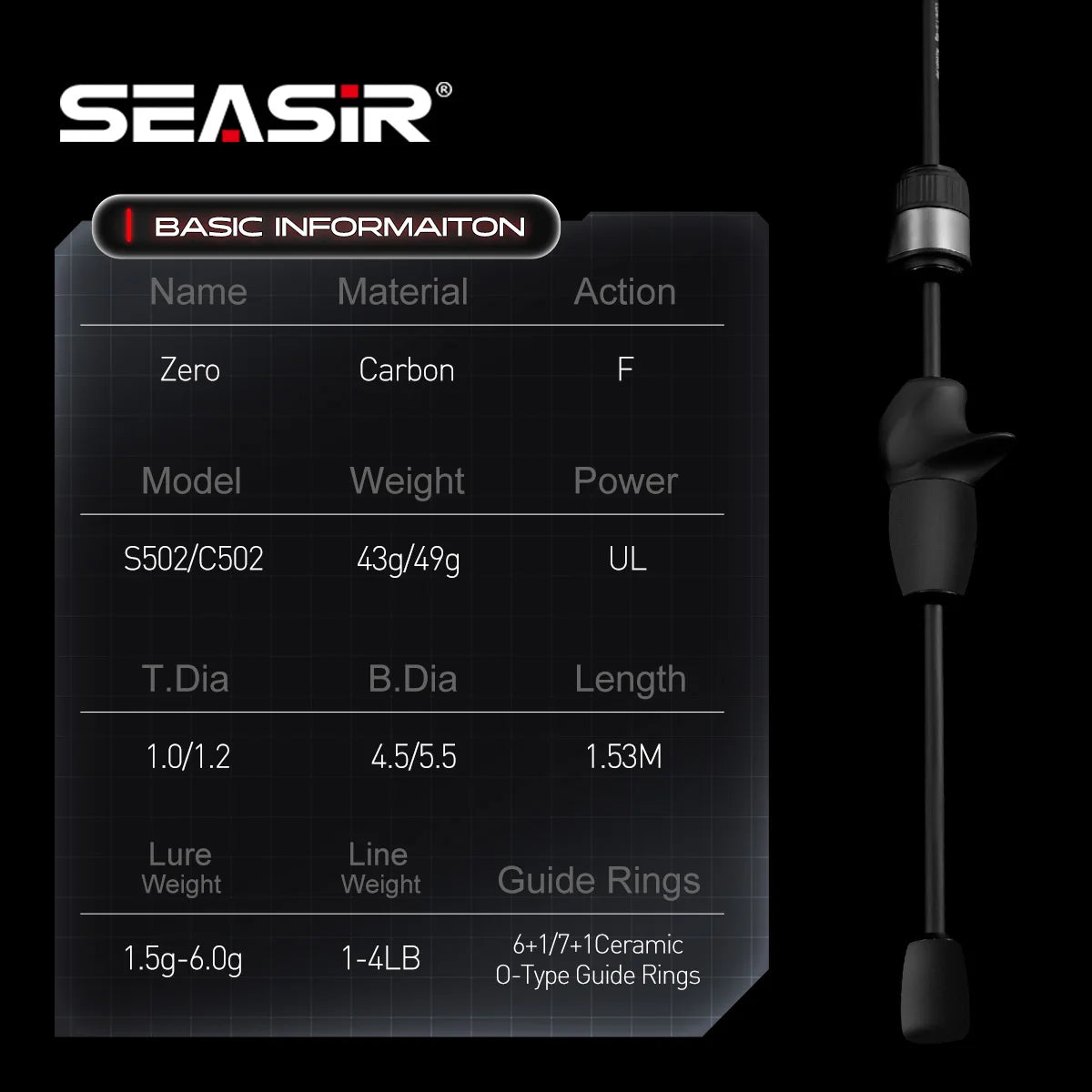 Seasir Zero 43g Fishing Rod BFS Ultralight  Carbon Fiber 1.53M UL Lure Weight 1.5-6G 2 Sections Stream River Fishing Rods