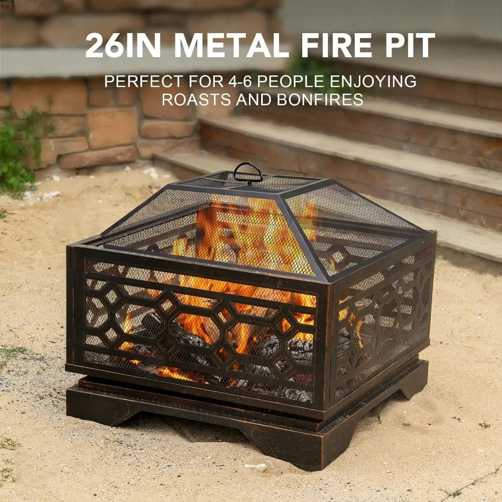 26in Fire Pit Wood Burning Outdoor Fireplace Mesh Cover