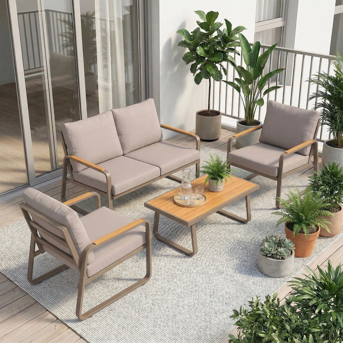 4 Piece Patio Furniture Set, Outdoor Sofa Set, Brown