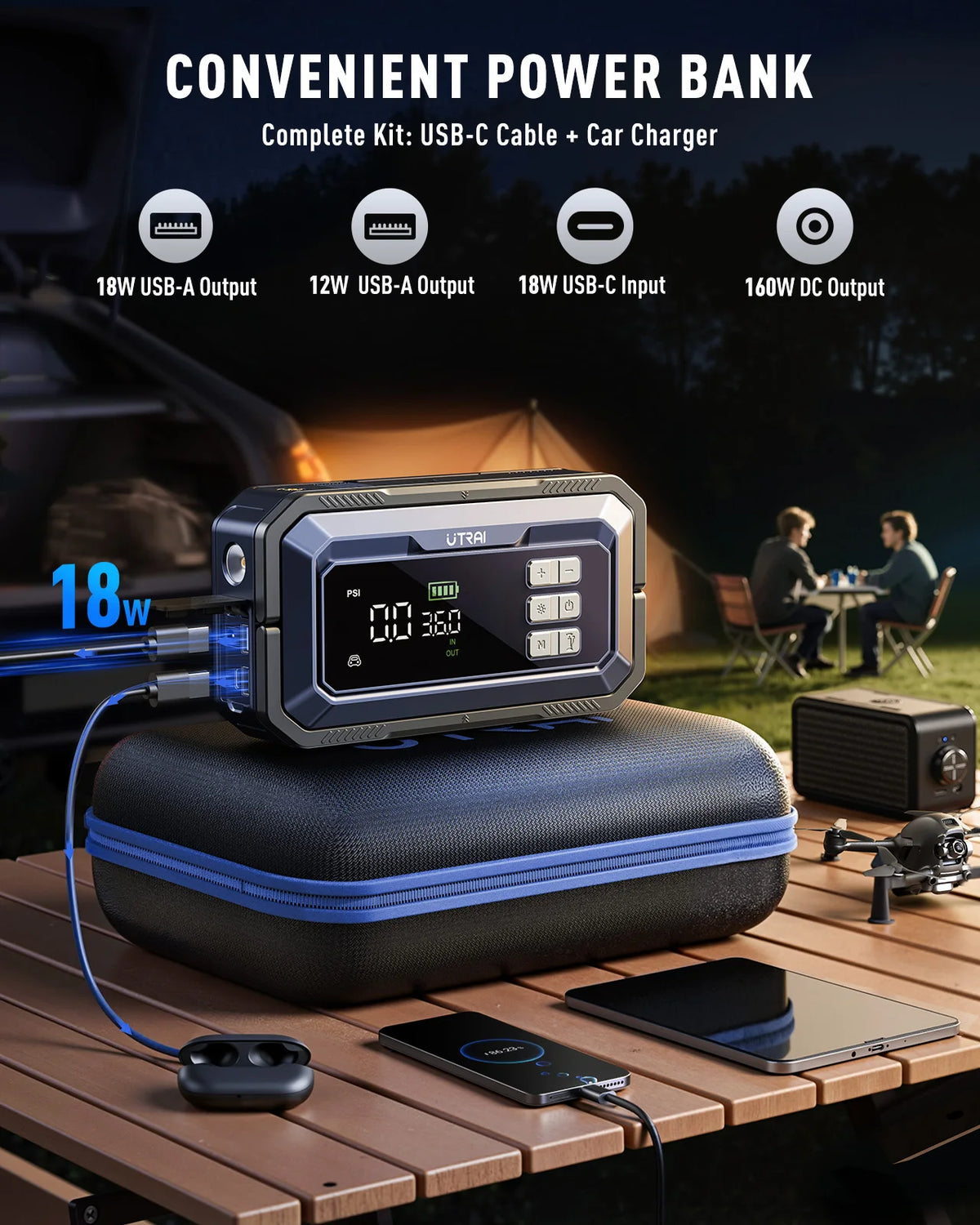 UTRAI All-in-One 7000A Car Jump Starter with Air Compressor &  OBD Diagnosis & Outdoor Camping Lights Emergency Boosters