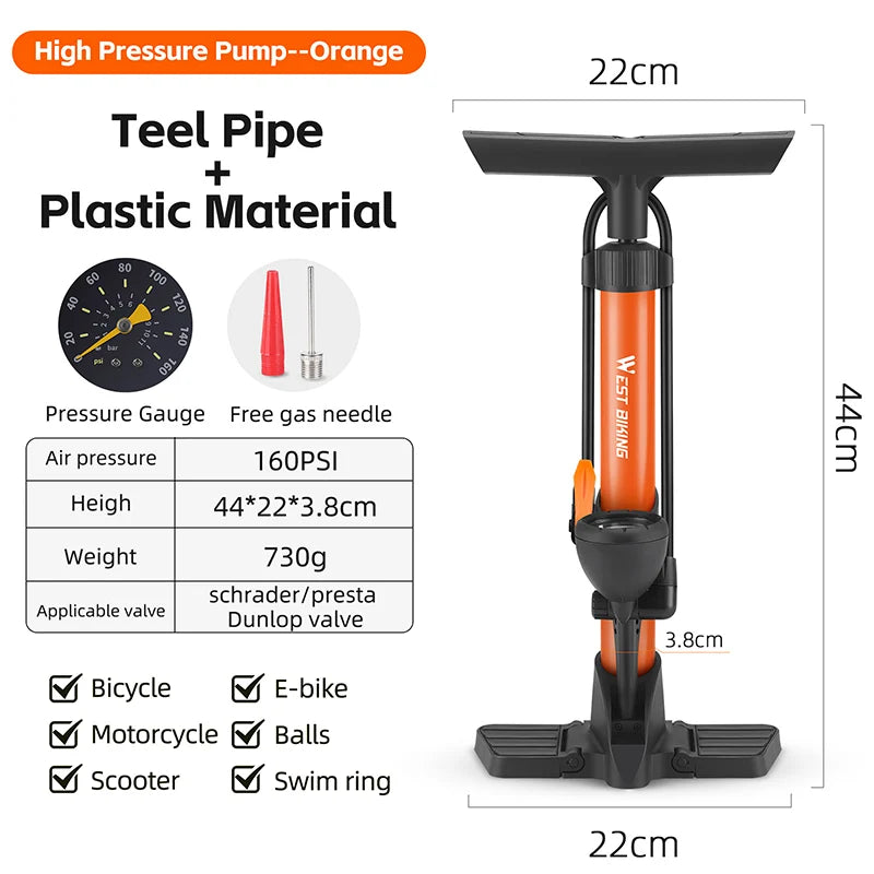 WEST BIKING Floor Bike Pump 160PSI High Pressure Hand Pump with Pressure Gauge Schrader Presta for Bicycle Motorcycle Car