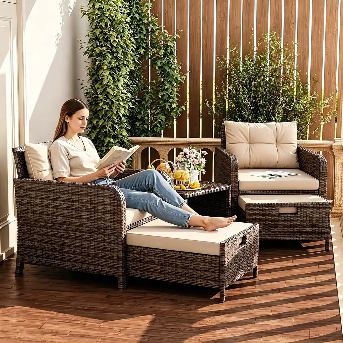 5 Piece Patio Furniture Set, PE Wicker Outdoor Furniture Set with Soft Cushions & Coffee Table, Outdoor Lounge Chairs, Custom