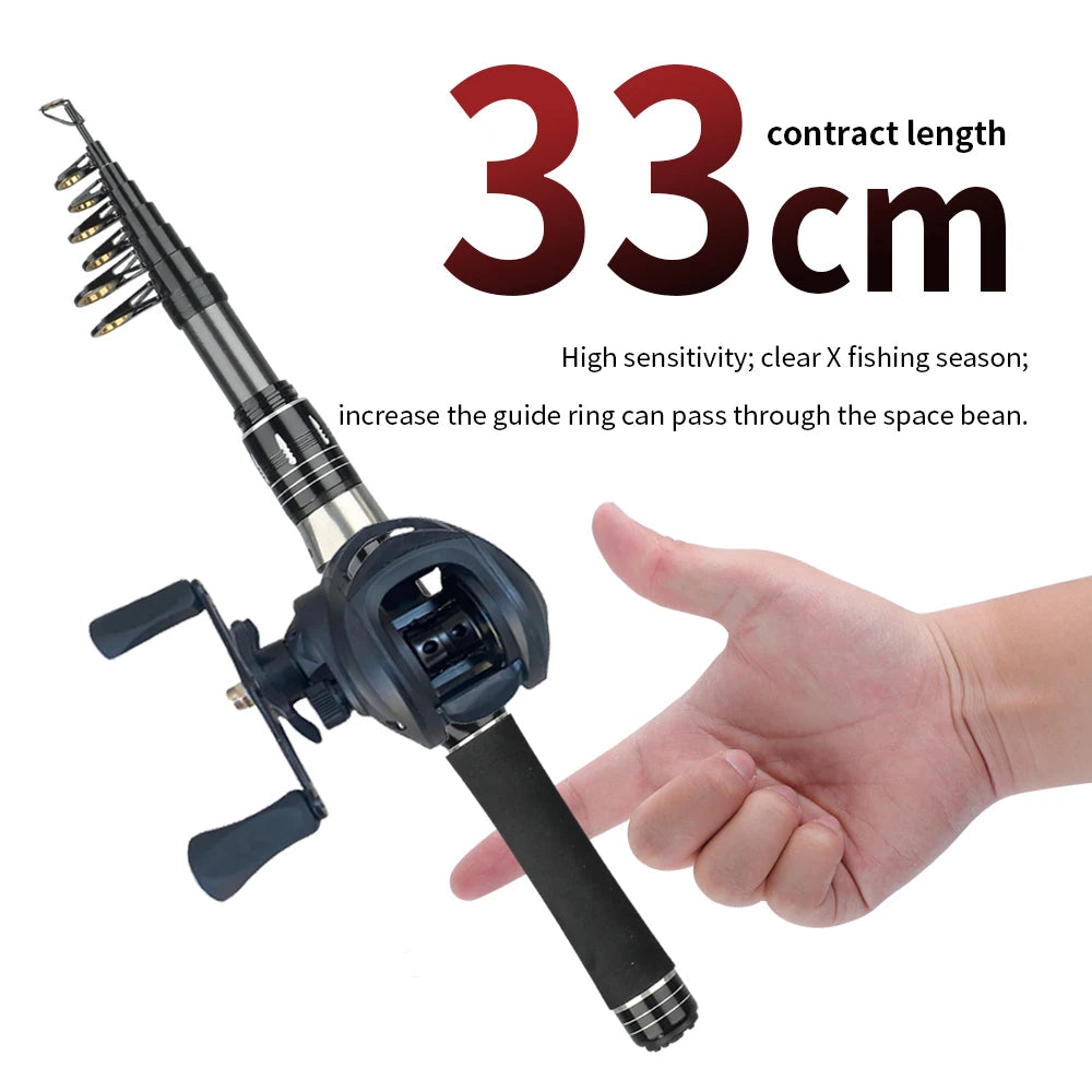 Mini Shrink 31cm Portable Fishing Rod Kit 1.5-2.1M Telescopic Carbon Trave Pole High Speed 7.2:1 Baitcasting Reel Carp Fishing