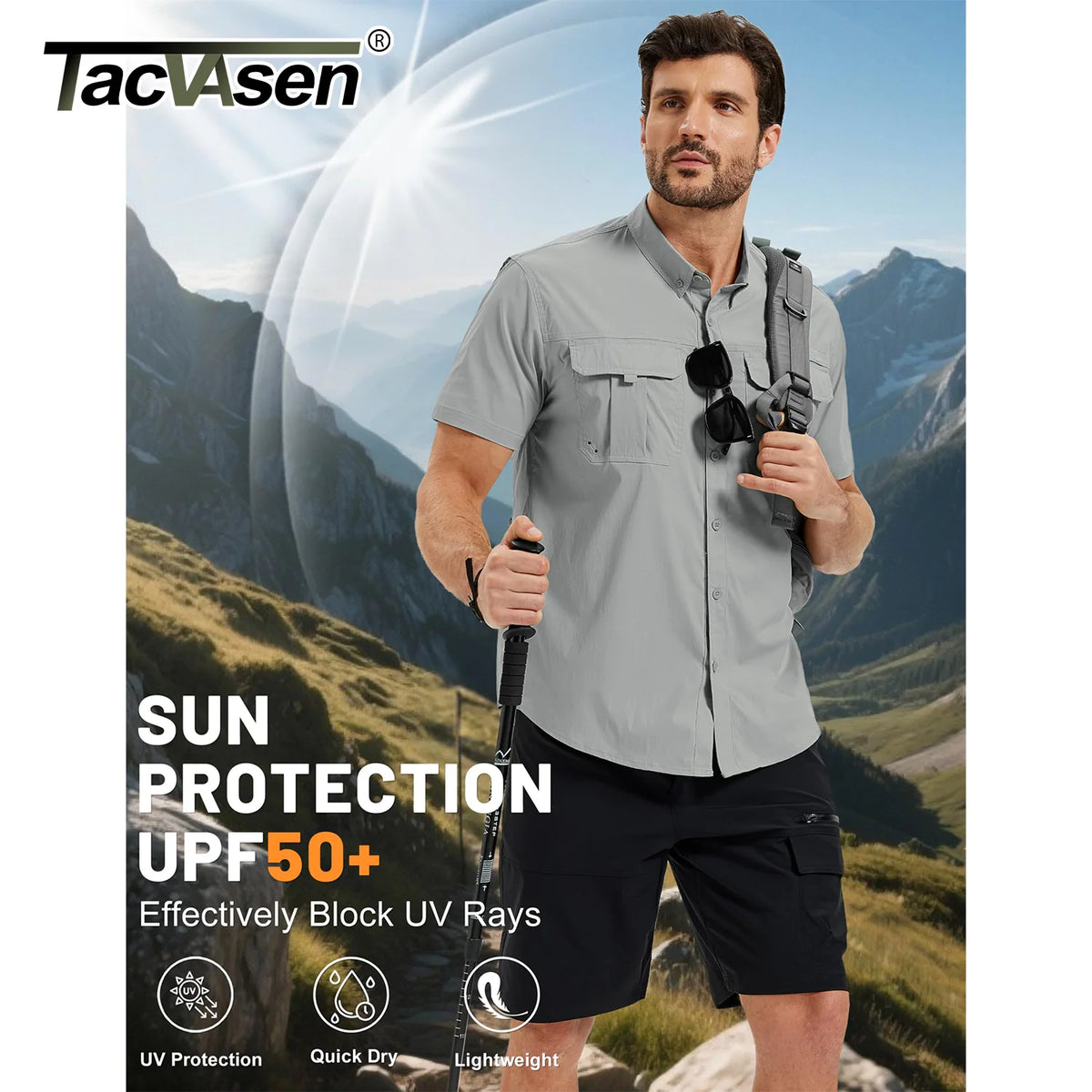 TACVASEN Men's UPF 50 Fishing Shirt Quick Dry Breathable Short Sleeve Tactical Shirt Button Down Sun Shirt for Work with Pockets