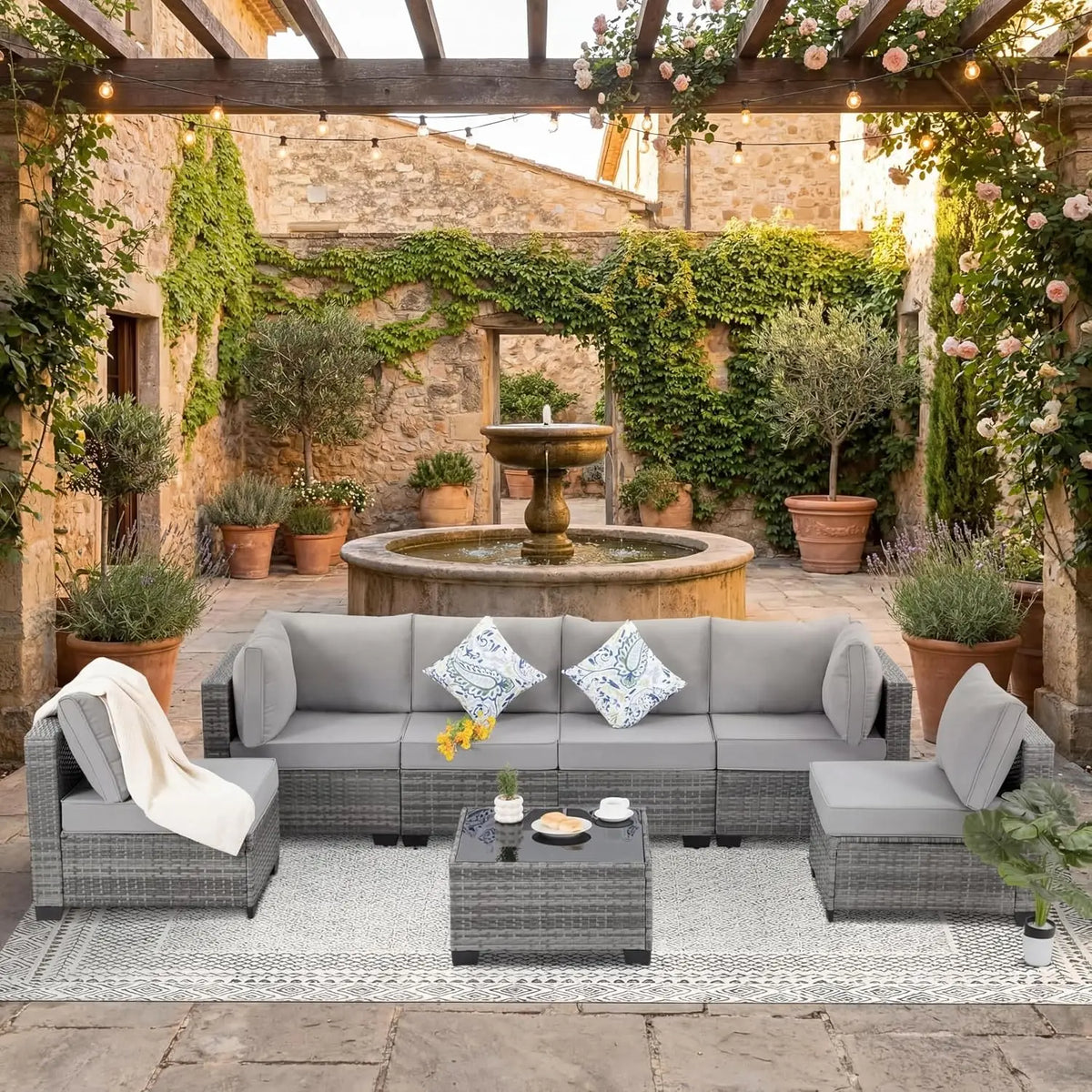 7 Pieces Outdoor Patio Furniture Set, All-Weather Sectional Sofa | Dark Grey Wicker Conversation Set with Glass, Customized