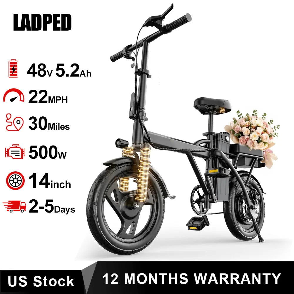 14'' Foldable Electric Bike 500W Motor 48V Battery 22MPH Max Speed 30Miles Long Range with Two Seats for Adult Mini E Bike