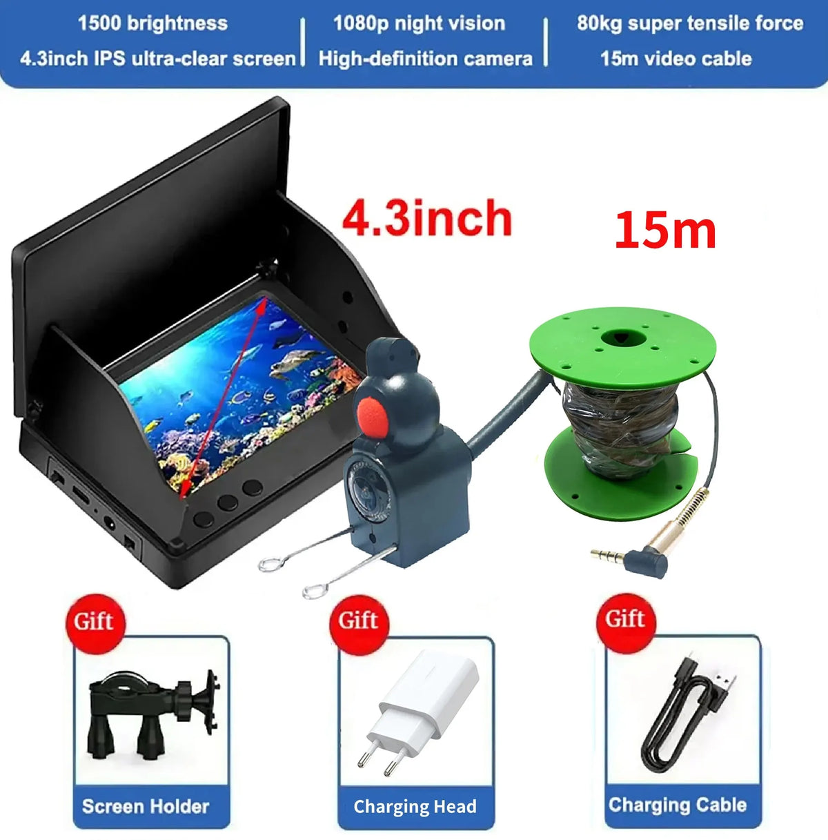 Portable Fish Depth Finder Water Handheld 1080P 4.3 Inch LCD Fish Finder Underwater 220° Fishing Camera With Night Vision