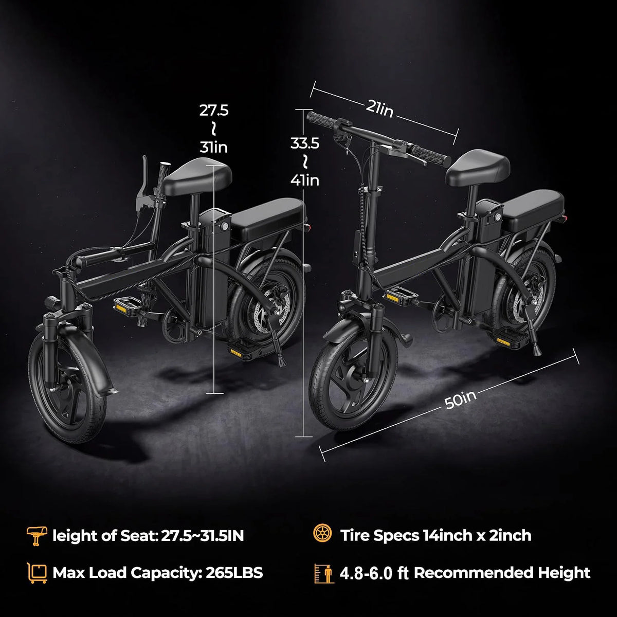 14'' Foldable Electric Bike 500W Motor 48V Battery 22MPH Max Speed 30Miles Long Range with Two Seats for Adult Mini E Bike