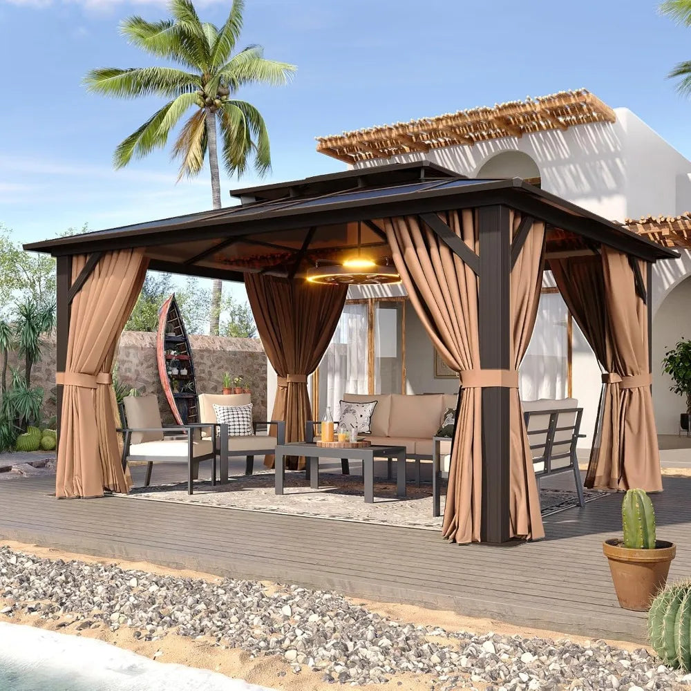 US SHIPPING 12ft x 10ft Brown Aluminum Hardtop Gazebo Permanent Pavilion with Polycarbonate Double Roof and Curtains Netting for