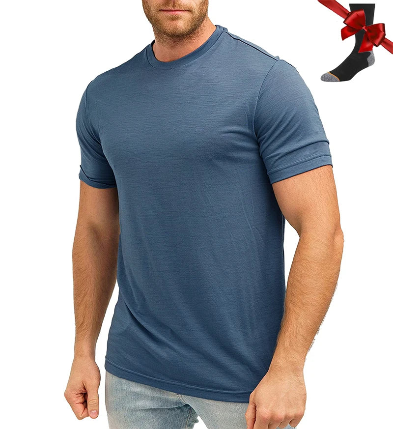 100% Superfine Merino Wool T Shirt Mens Base Layer Shirt Merino Wool Wicking Breathable Quick Dry Anti-Odor +Merino Wool Socks