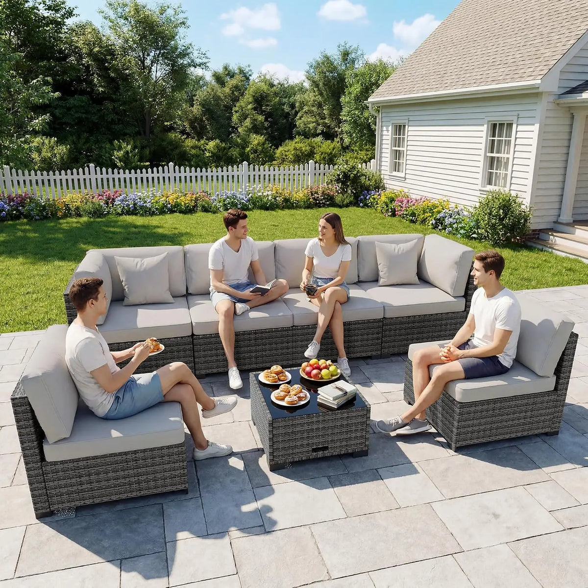 7 Pieces Outdoor Furniture Set, Wicker Furniture Patio Conversation Sets with Tea Table and Thickened Beige, Customized