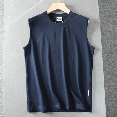 Summer New American Sleeveless O-neck Solid Color T-shirt Men's Fashion 100% Cotton Washed Casual Sports Fitness Basketball Vest