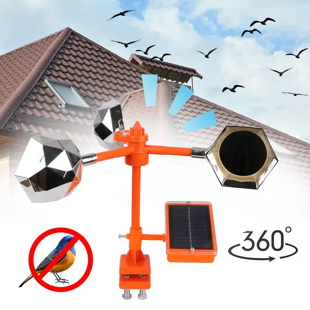 Solar Wind Powered Automatic 360° Rotation Bird Repeller Outdoor Garden Farm Yard Deterrent with Reflective Sound Scare Features