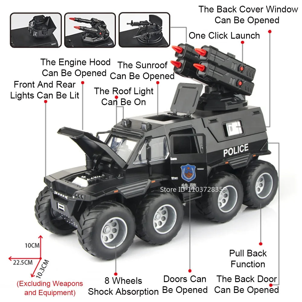 1:24 Scale Avtoros Shaman Police Car Model Toys Alloy Diecast Off-road Vehicle Sound Light Doors Opened Pull Back for Kids Gifts