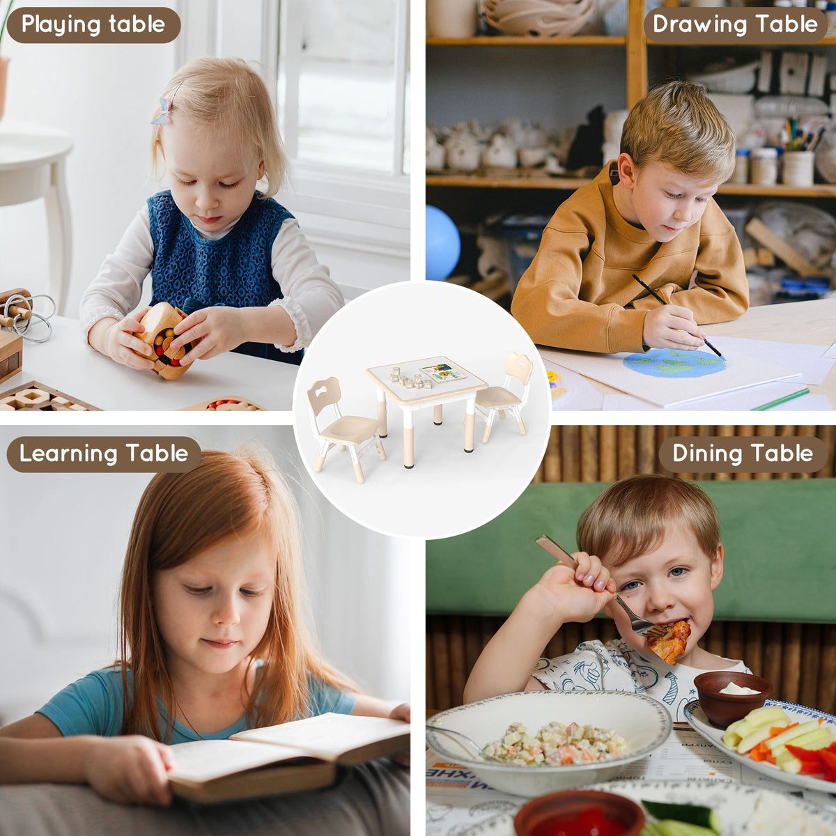 Kids Table and 2 Chairs Set, Height-Adjustable Toddler Table and Chairs Set with Doodle-Friendly Desktop, 23.6''L X 23.6''W Children Activity Table for Daycare, Classroom, Home