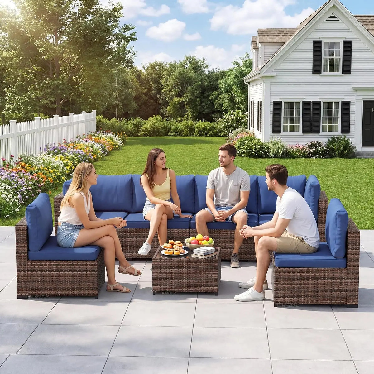 7 Pieces Outdoor Furniture Set, Wicker Furniture Patio Conversation Sets with Tea Table and Thickened Beige, Customized