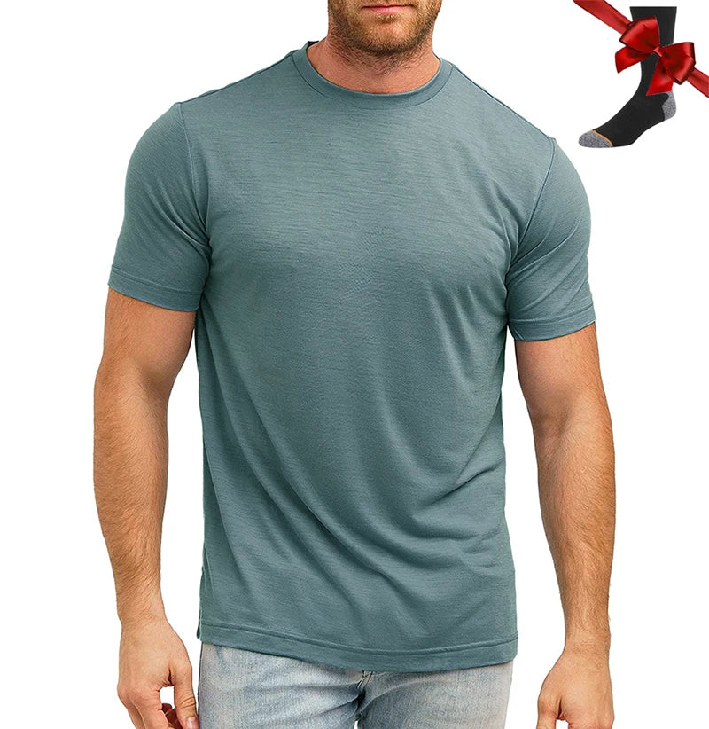 100% Superfine Merino Wool T Shirt Mens Base Layer Shirt Merino Wool Wicking Breathable Quick Dry Anti-Odor +Merino Wool Socks
