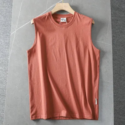 Summer New American Sleeveless O-neck Solid Color T-shirt Men's Fashion 100% Cotton Washed Casual Sports Fitness Basketball Vest