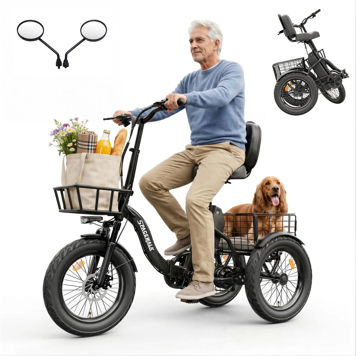 Spacewalk 1200W Peak Electric Trike for Adults, 48V 15Ah Battery 3 Wheel Electric Bike with 60 Miles Range, 18×3.0 Fat Tires, Dual Disc Brakes, Rear Cargo Basket, Adjustable Comfort Seat, Folding E Tricycle for Seniors-Black