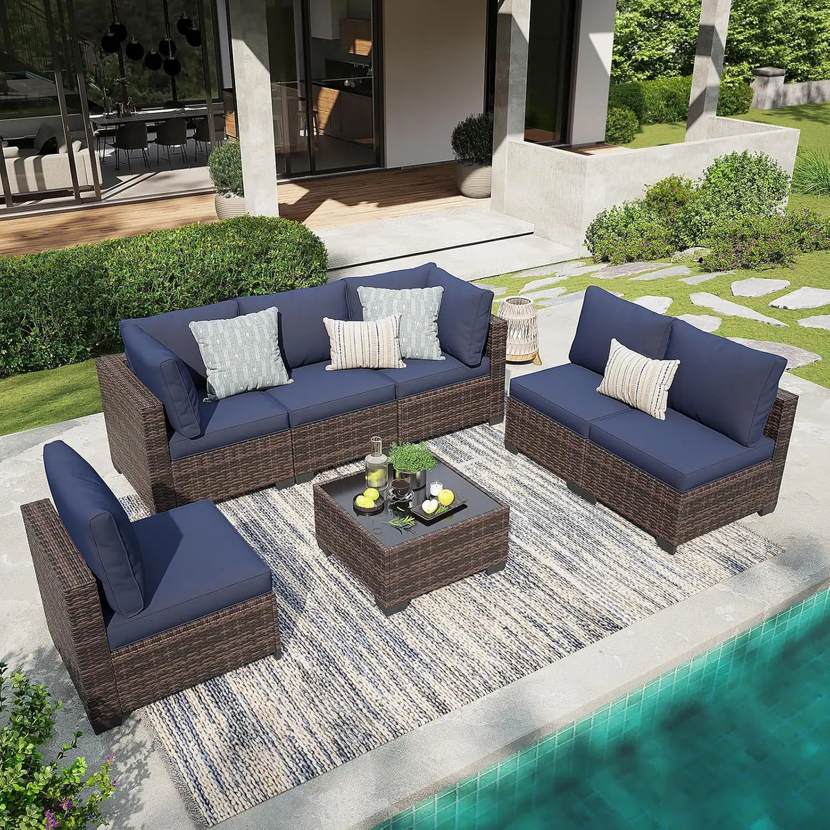 7 Pieces Outdoor Patio Furniture Set, All-Weather Sectional Sofa | Dark Grey Wicker Conversation Set with Glass, Customized