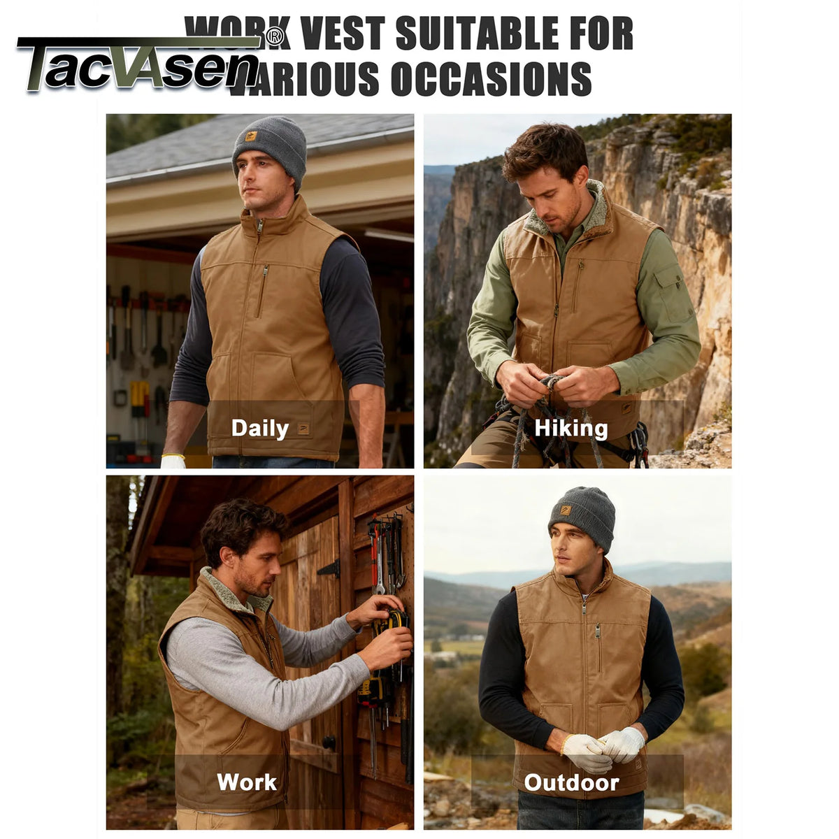 TACVASEN Mens Cotton Work Utility Winter Vest Canvas Waterproof Heavy Duty Coats Sherpa Fleece Sleeveless Jackets Windproof