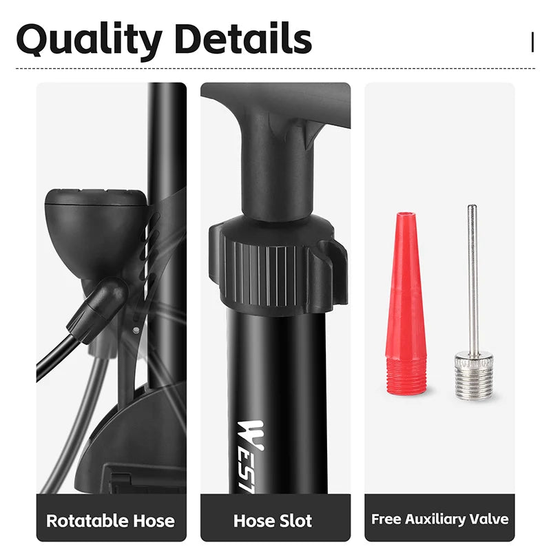 WEST BIKING Floor Bike Pump 160PSI High Pressure Hand Pump with Pressure Gauge Schrader Presta for Bicycle Motorcycle Car